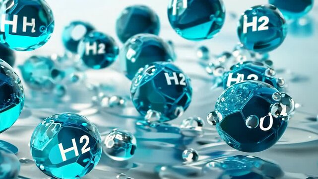 The image shows a molecular model of water, with blue spheres labeled "H2" and "O," representing hydrogen and oxygen. The molecules are connected, visualizing the bonds between hydrogen and oxygen ato