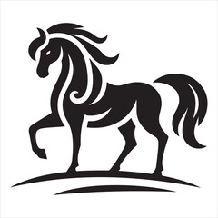 An illustration of a horse with a mane and tail in black and white