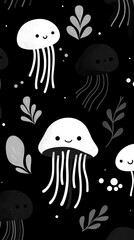   Black and white pattern featuring jellyfish and plants against a black backdrop with a white border outlining a happy jellyfish