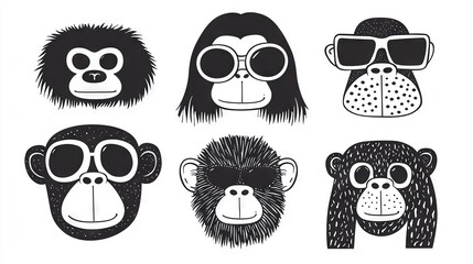   Set of four black-and-white illustrations featuring monkeys wearing glasses, one with a beard