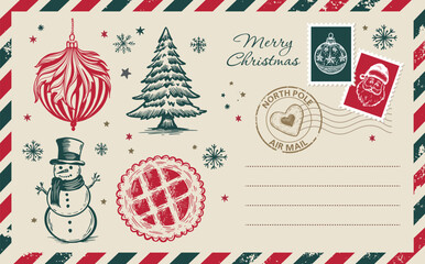 Christmas mail, postcard, hand drawn illustration.	
