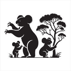 Illustrator art set of a black koala silhouette with a white backdrop