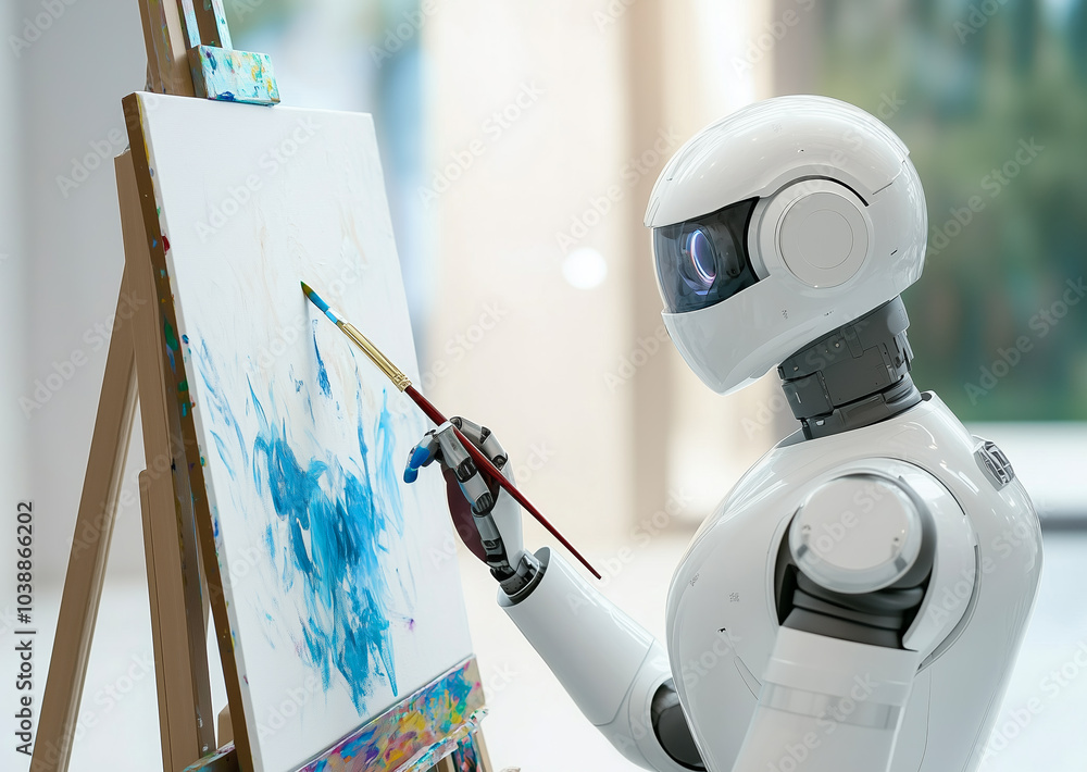 Poster a robot artist creating abstract artwork on canvas in a modern studio environment