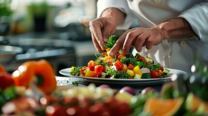 A food stylist arranging a vibrant salad for a photoshoot