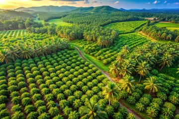 Naklejka premium Aerial photography showcases vibrant oil palm plantations in southern Thailand, captured by drone, highlighting stunning landscape imagery and the region's lush agricultural beauty.