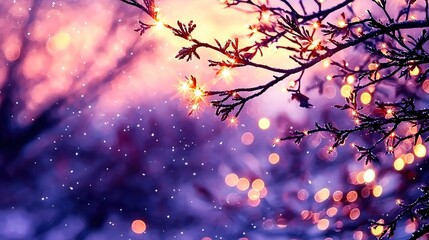  Branch with lights in snowflakes background