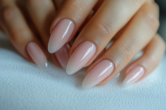Female customer at a nail salon getting a manicure from a technician using a file Close up of hand and beauty care