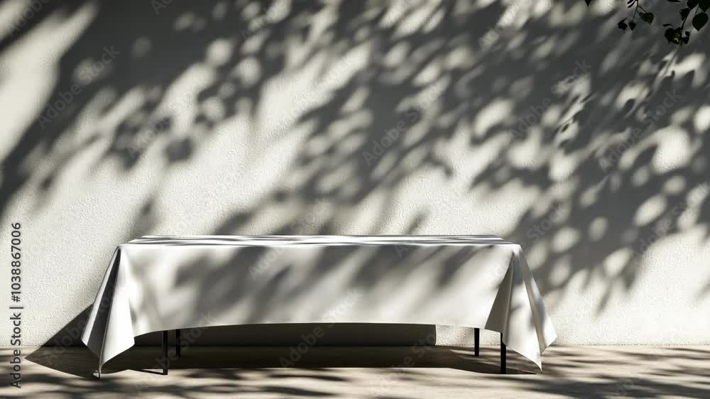 Poster a white tablecloth sits on a table in the shade of a tree, casting intricate patterns of light and s