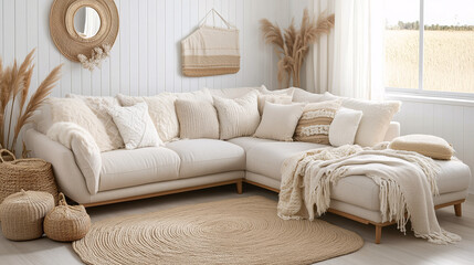 Scandinavian-inspired living room with a light-colored sofa, natural textiles, and minimalistic furniture