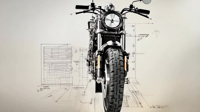 A hand-drawn technical blueprint of a motorcycle, featuring annotated parts and measurements, highlighting the complex engineering and mechanical design of the vehicle.