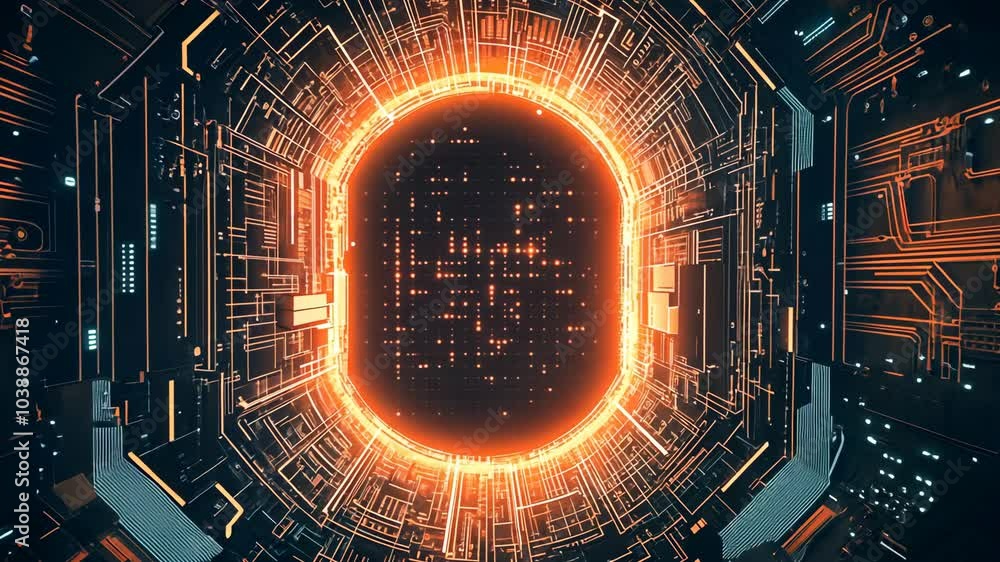 Canvas Prints a digital tunnel glows orange and is surrounded by intricate circuitry