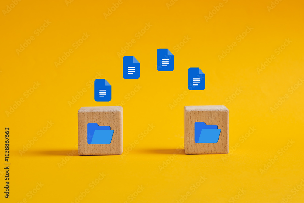 Poster document icons flying into digital folder on wooden cube representing data transfer
