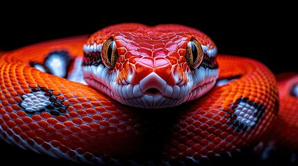 Obraz premium A close-up of a red snake's head, featuring black and white patterns on its body