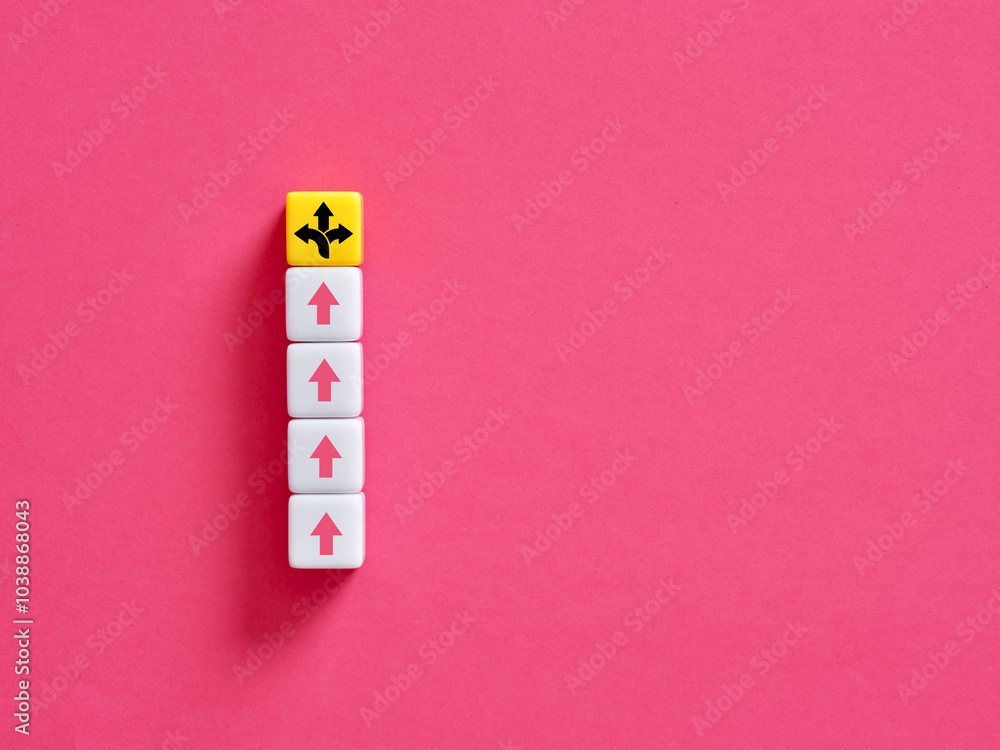 Poster choosing right way to success using arrow sign dice stacked on pink background