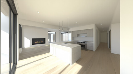 Scandinavian-style open-plan space with white walls, minimalist decor, and sleek light wood flooring