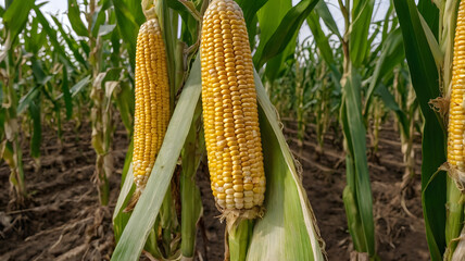 Agriculture corn field with sweet corn seeds, of free space for your texts and branding.