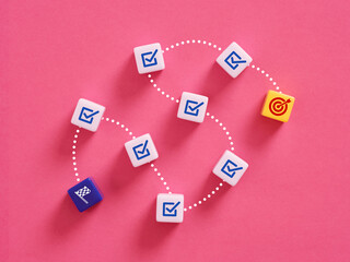 Reaching target goal - business project plan with check mark steps