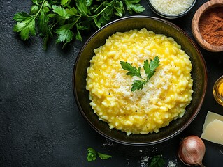 Risotto alla Milanese. The most popular Italian dishes. Creamy, golden rice dish, often garnished with parsley. Composition: Arborio rice, saffron, broth, onion, white wine, Parmesan cheese.