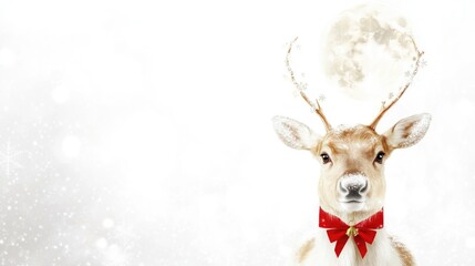 Festive reindeer with red bow and antlers against snowy background