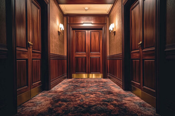 Elegant wooden elevator doors in a classic hotel lobby with vintage lighting
