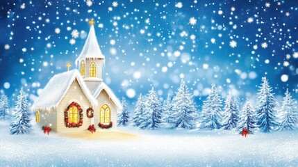 Fototapeta premium Winter wonderland church: snowy landscape with decorated pines and falling snowflakes