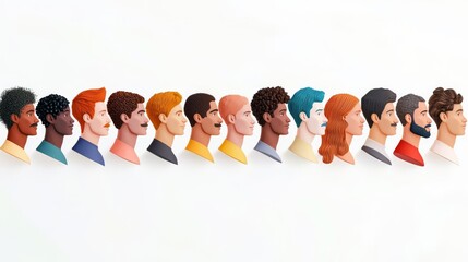 Obraz premium Diverse profile illustrations representing various hairstyles and colors against a clean background, showcasing individuality.