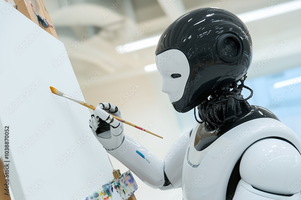 Poster a humanoid robot creating art on a blank canvas in a modern studio setting during daylight