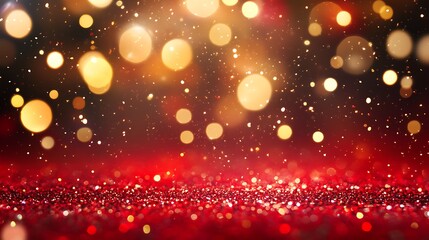 A festive red and gold background with shimmering bokeh lights and sparkling glitter particles gently falling from the top.