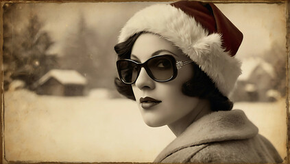 vintage Christmas woman retro fashion sepia holiday room for copy