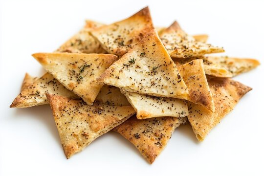Herbed crunchy tortilla fragments and spicy pita snacks on a white background