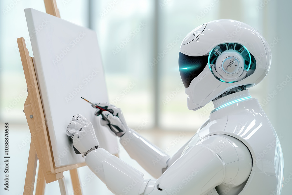 Poster a futuristic robot creating art on an easel in a modern, bright studio setting