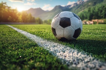 Fototapeta premium A soccer ball sits on the green field near the white line on a calm mountain afternoon