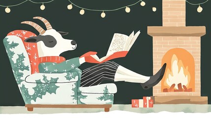   A goat reading a book in front of a Christmas-decorated fireplace