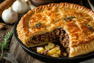 Homemade Canadian meat pie with potatoes and onions