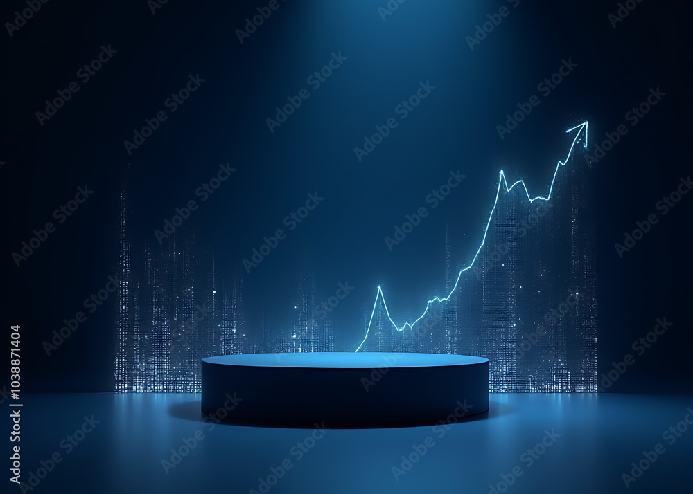 Poster Minimalist podium showcases glowing data streams and growth patterns in tech and business presentations in photo stock concept designs.
