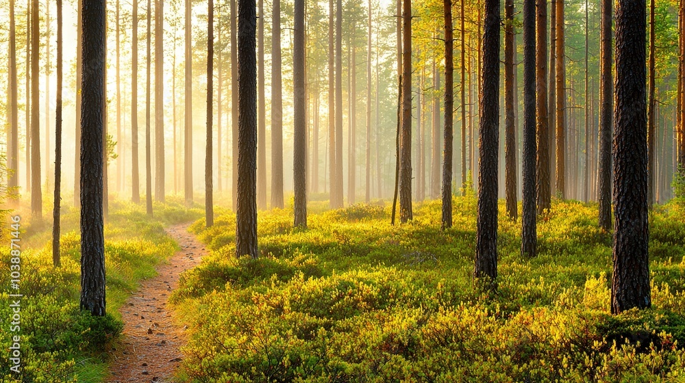 Poster path lined with trees on either side, bathed in sunlight filtered through tree canopy