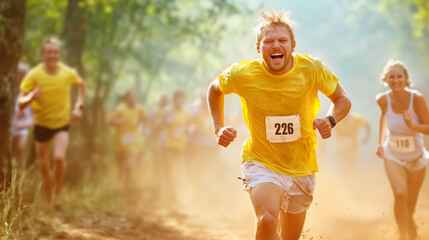 Runners compete in a forest race while wearing yellow shirts on a sunny day