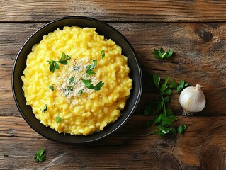 Risotto alla Milanese. The most popular Italian dishes. Creamy, golden rice dish, often garnished with parsley. Composition: Arborio rice, saffron, broth, onion, white wine, Parmesan cheese.