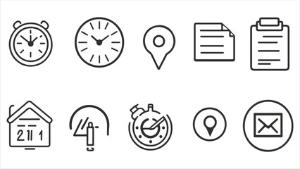 Time, date and address line icon set. Clock, calendar, location pin. Editable stroke. Vector illustration.
