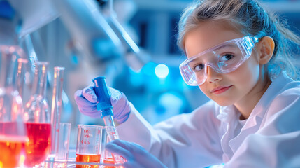 Young scientist conducting experiments with colorful liquids in a laboratory setting