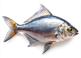Fototapeta premium Fresh silver fish isolated on a white background, ideal for culinary and seafood photography, perfectly suited for cooking inspiration and recipe development.