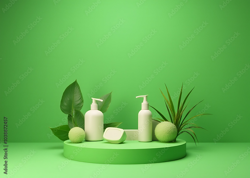 Fototapete mockup features natural product display on a green backdrop with a simple podium design element.