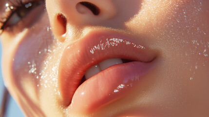 Obraz premium Close-up of glossy lips and dewy skin highlighting natural beauty