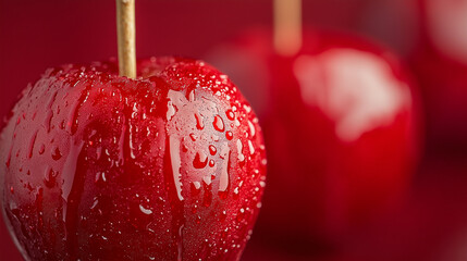 Halloween banner with copy space, candy apple, caramelized with glaze, vibrant red background