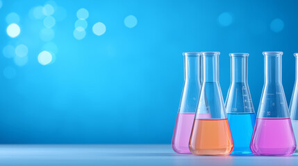 Colorful laboratory beakers filled with liquids on a bright blue background in a science setting