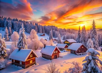 Idyllic Winter Village Scene with Snow-Covered Cabins, Frosty Trees, and Beautiful Sunrise in a Serene Landscape