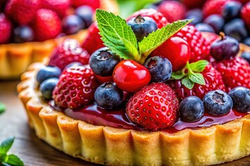 Indulge in a mouthwatering summer berry tart, featuring a flaky pastry crust, set against a vibrant HD backdrop perfect for food enthusiasts and berry lovers alike.