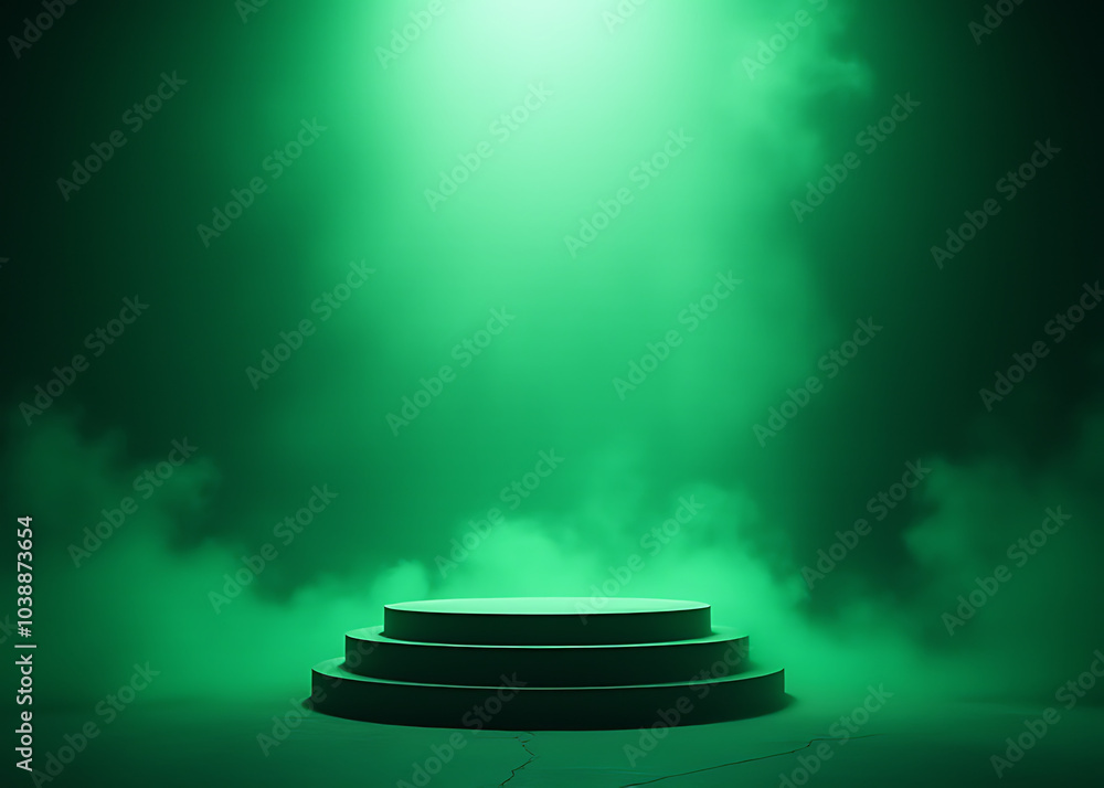 Poster mysterious stage surrounded by green smoke and empty podium with abstract background for design and 