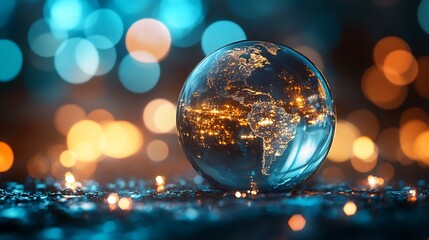 A glass globe on a deep blue surface, with delicate bokeh lights softly illuminating the scene.