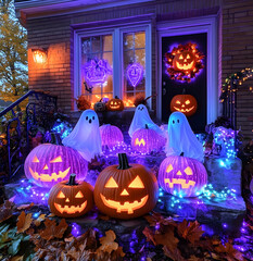 Obraz premium Halloween background with pumpkins and copy space banner for your Halloween text and design